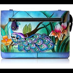 NWT Anuschka Leather Organizer Wallet with Strap in Midnight Peacock Design